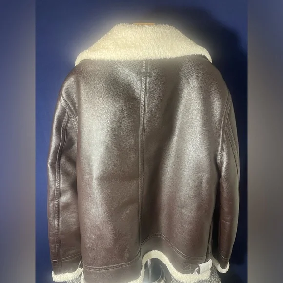 Guess Dark Brown Leather Jacket with Cream Shearling - Picture 4 of 5